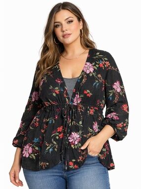 Torrid Womens 2X Dark Floral Gauze Tie Front Kimono Whimsigoth Romantic Festive